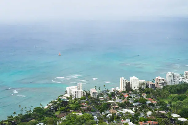 view buildings and ocean from Diamond Head Crater Summit Hawaii, US