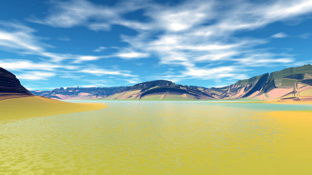 istock Alien Planet. Mountain and  water. 3D rendering 913988518