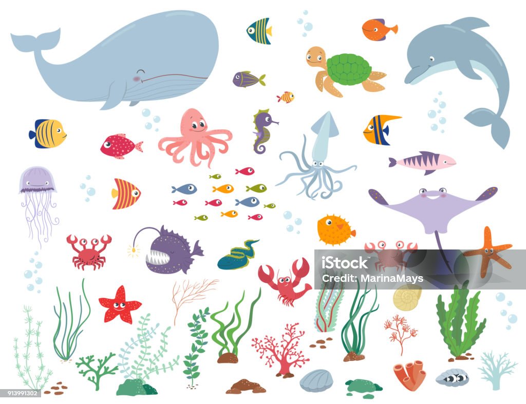 Sea animals and water plants. Cartoon vector illustration Sea animals and water plants. Cartoon vector illustration on a white background Fish stock vector