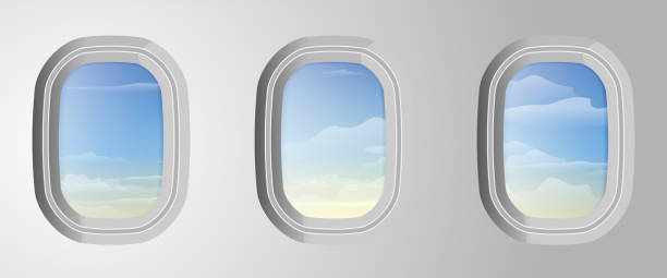 istock Airplane windows with cloudy blue sky outside. View from airplane. Sky with clouds in aircraft window. Vector illustration 913991546