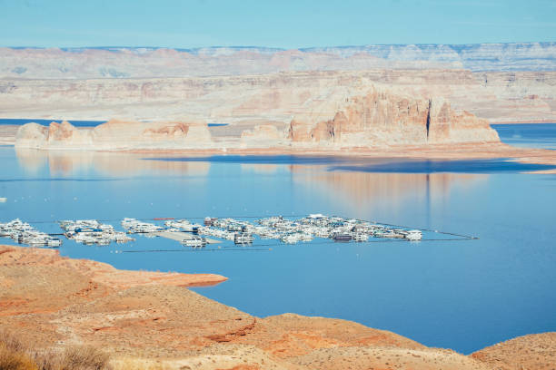 Aerial panorama view of Lake Powell near the city of Page on the border of Arizona and Utah, southwest USA.