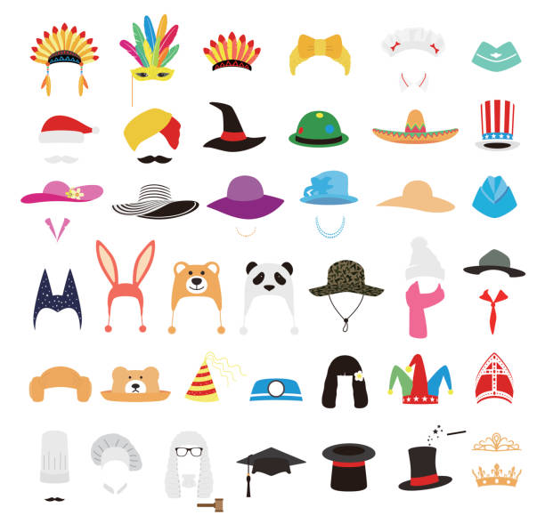 illustrazioni stock, clip art, cartoni animati e icone di tendenza di set di icone cappello e cappuccio, illustrazione vettoriale - sombrero hat mexican culture isolated