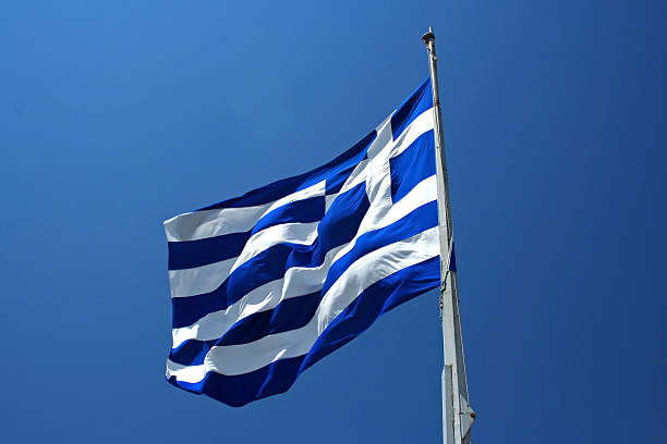 istock Greek national flag on blue sky 91400170