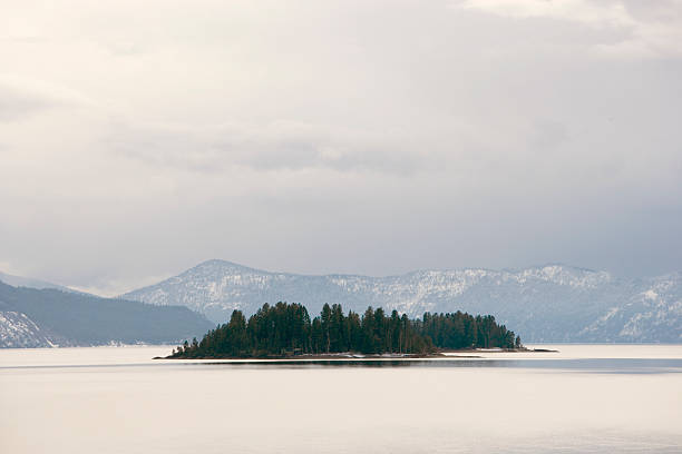 einsamen insel in lake pend oreille, idaho. - armed forces wilderness area bay hill stock-fotos und bilder