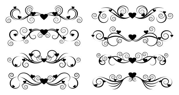 illustrazioni stock, clip art, cartoni animati e icone di tendenza di insieme di elementi calligrafici vettoriali e decorazioni di pagina con cuori- illustrazione - flourishes tattoo scroll ornate
