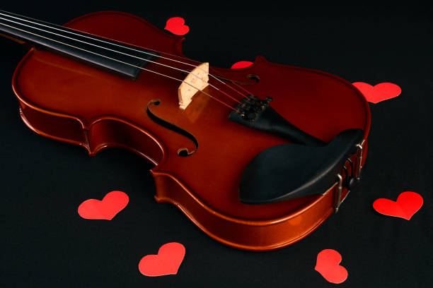concetto di san valentino con violino e cuori rossi - classical music red violin bow foto e immagini stock