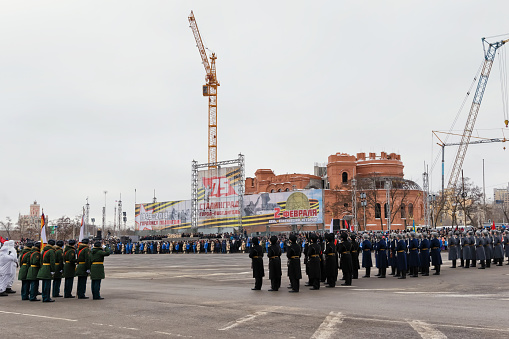 VOLGOGRAD, RUSSIA - FEBRUARY 2: Parade on main city square in honor of the 75 anniversary of the victory of Soviet troops at Stalingrad. Volgograd, 2018