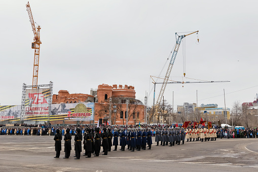 VOLGOGRAD, RUSSIA - FEBRUARY 2: Parade on main city square in honor of the 75 anniversary of the victory of Soviet troops at Stalingrad. Volgograd, 2018