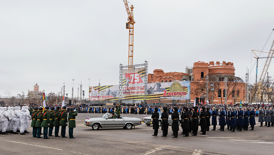 VOLGOGRAD, RUSSIA - FEBRUARY 2: Parade on main city square in honor of the 75 anniversary of the victory of Soviet troops at Stalingrad. Volgograd, 2018