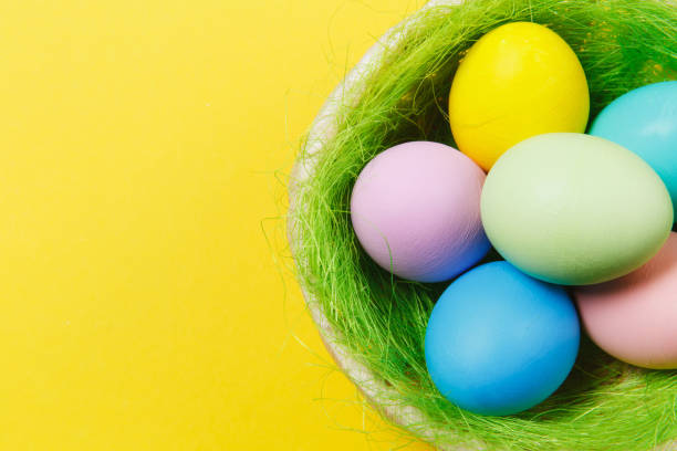 istock Six colorful pastel monophonic painted Easter eggs in basket with green grass isolated on yellow background. Happy Easter concept. Copy space for advertisement. With place for text. Top view on eggs. 914013850