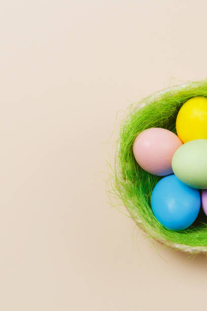 istock Vertical six colorful pastel painted Easter eggs in basket with green grass isolated on beige background. Happy Easter concept. Copy space for advertisement. With place for text. Top view on eggs. 914013974