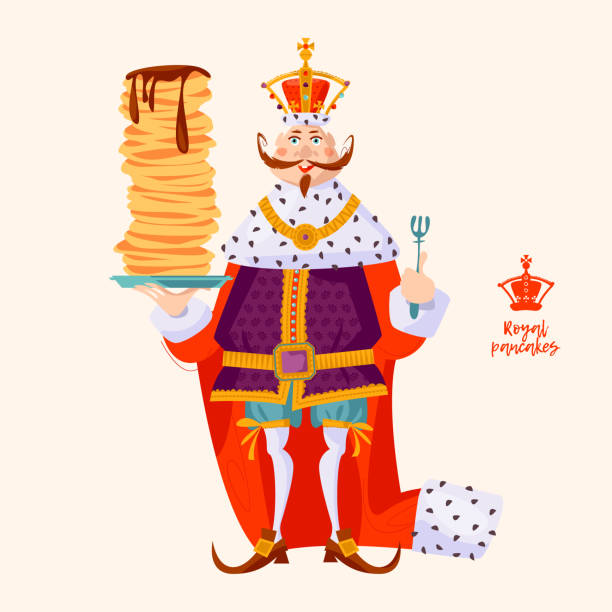 raja mengenakan mahkota dan mantel kerajaan, memegang setumpuk pancake. selamat hari pancake! - crepe dress ilustrasi stok