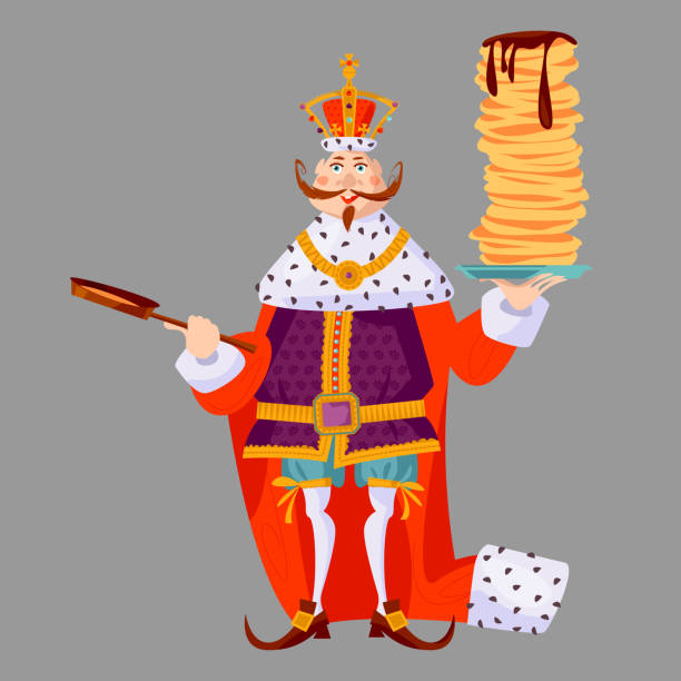 raja mengenakan mahkota dan mantel kerajaan, memegang setumpuk pancake dan wajan. selamat hari pancake! - crepe dress ilustrasi stok