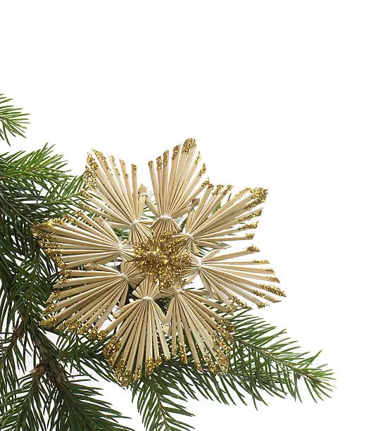 christmas decoration with straw star and fir branch in white back