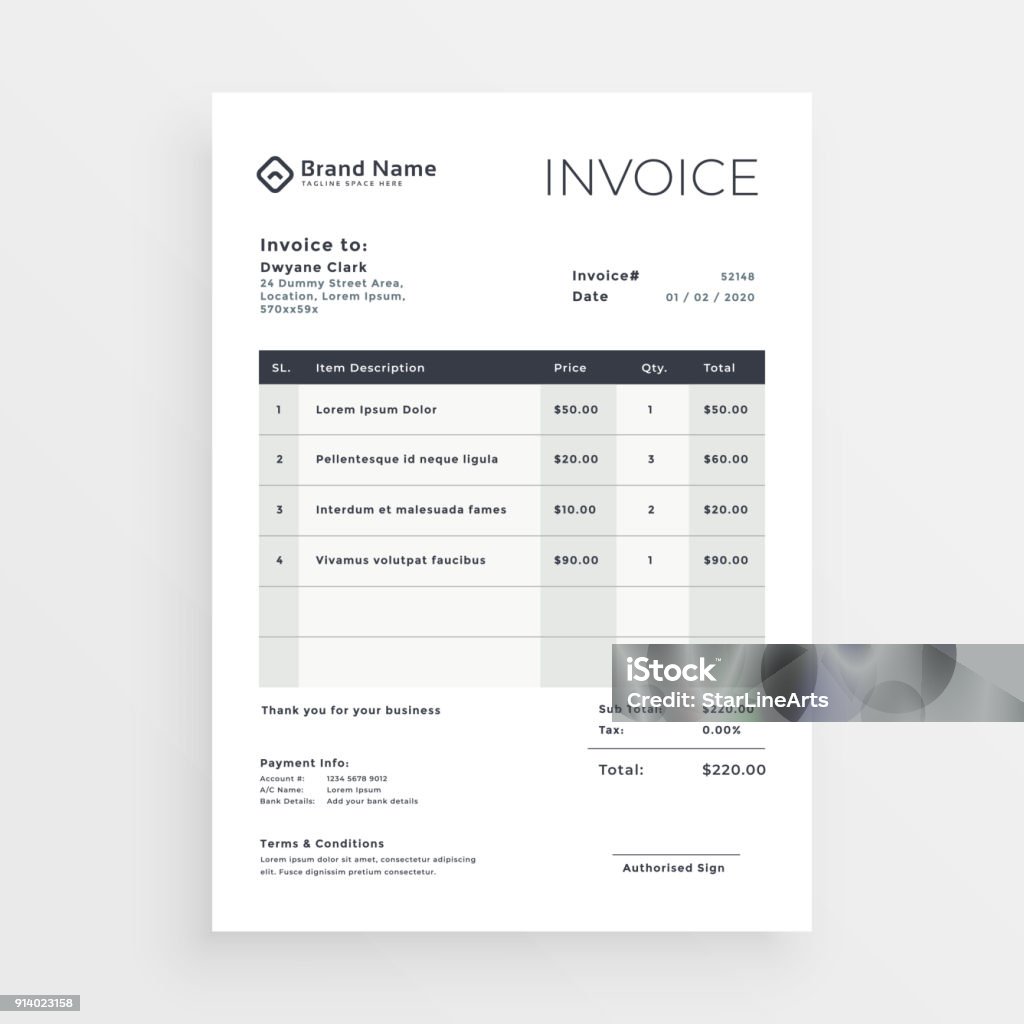 clean minimal invoice vector template design Financial Bill stock vector
