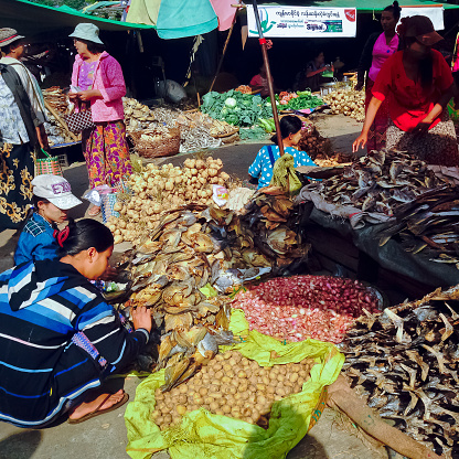 Yangon,Myanmar,01/02/2018: women people a morning in the outdoor market to Yangon location,during theirs daily life.