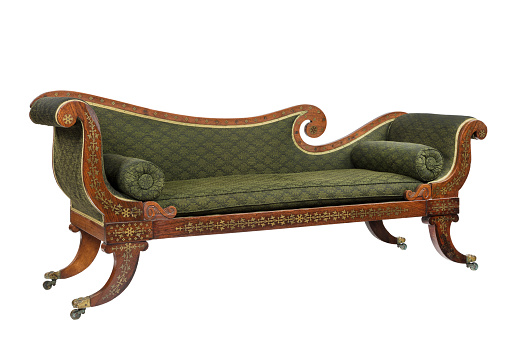 Chaise longue sofa sette made of mahogany with inlaid brass antique vintage