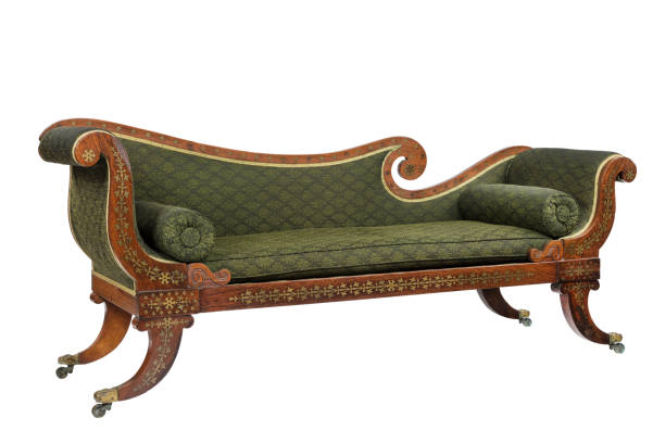 mahogany scroll arm sofa chaise longue Chaise longue sofa sette made of mahogany with inlaid brass antique vintage chaise longue photos stock pictures, royalty-free photos & images