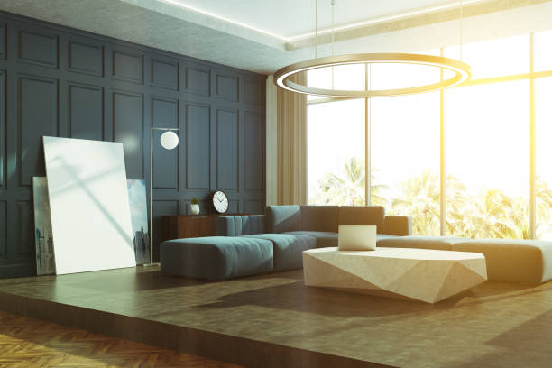 istock Blue panoramic living room corner poster toned 914041494