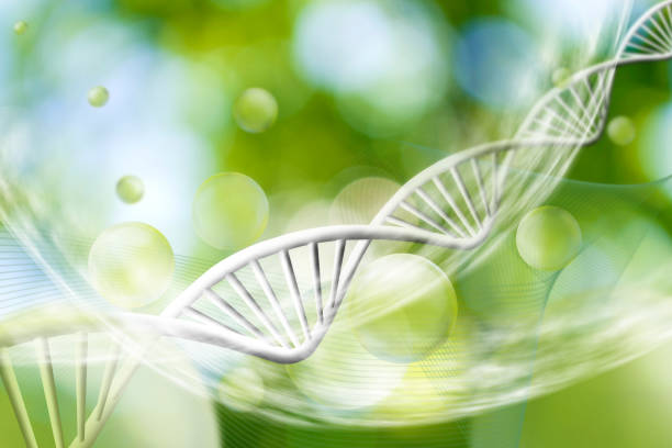 Image of molecular structure and chain of dna on a green background closeup