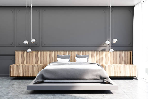 istock Gray and wooden bedroom, gray bed 914045802