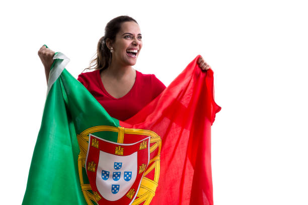 istock Portuguese female fan celebrating on white background 914048728