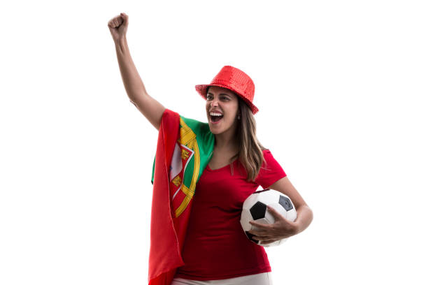 istock Portuguese female fan celebrating on white background 914048754