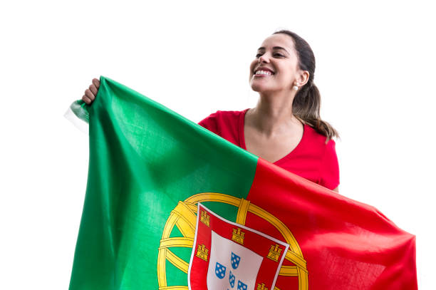 istock Portuguese female fan celebrating on white background 914048768