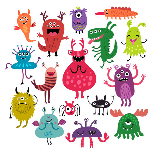 illustrations, cliparts, dessins animés et icônes de set de vector de monstres - mascot alien space mystery