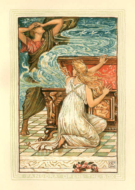 Pandora opens the box - Greek mythology Pandora was the first human female created by the Greek gods. She was intensely curious about the contents of a box (or storage jar, depending on the translation) and when she opened it, greed, envy, hatred, pain, disease, hunger, poverty, war and death escaped, causing misery and chaos. All that was left was hope. pandora box illustrations stock illustrations