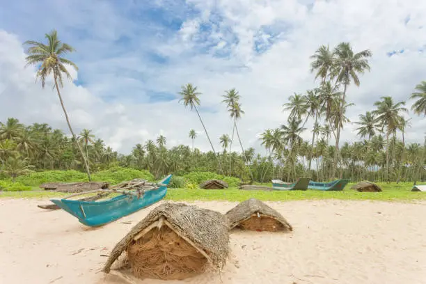 Balapitiya, Sri Lanka, Asia - Fishnet housings at the beach of Balapitiya