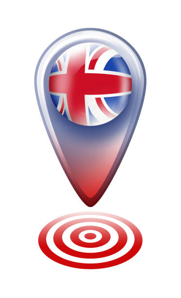 vereinigtes königreich-taste kartenzeiger mit union jack isoliert auf weiss - england map soccer soccer ball stock-grafiken, -clipart, -cartoons und -symbole