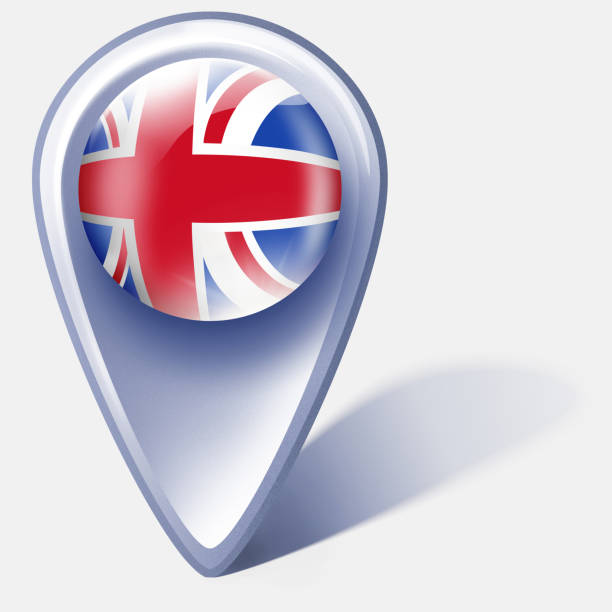 vereinigtes königreich-taste kartenzeiger mit union jack isoliert auf weiss - england map soccer soccer ball stock-grafiken, -clipart, -cartoons und -symbole