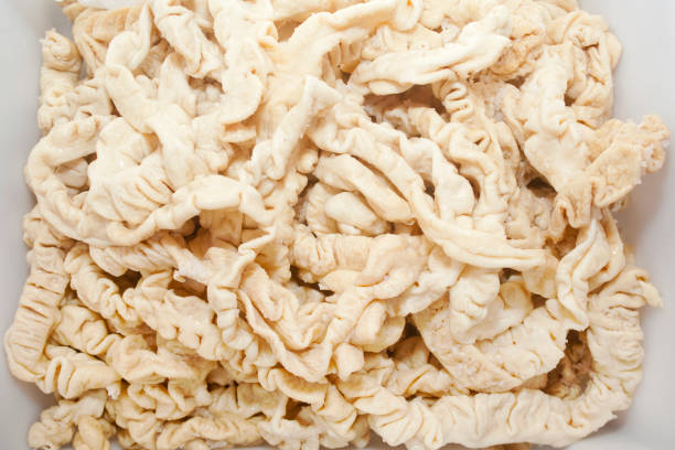 Heap of dried pig intestines, spanish traditional dish.Galicia, Spain.