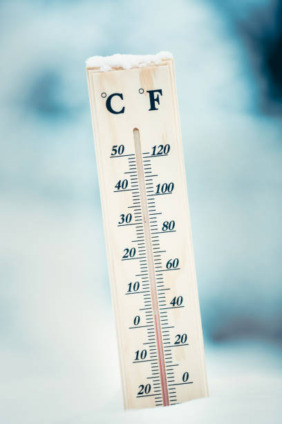 istock Wooden thermometer in the snow. Four degrees Celsius on the plus after snowfall. 914063098