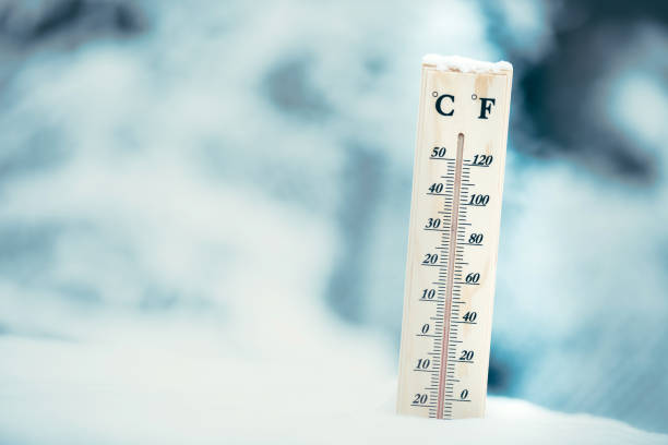 istock Wooden thermometer in the snow. Four degrees Celsius on the plus after snowfall. 914063102