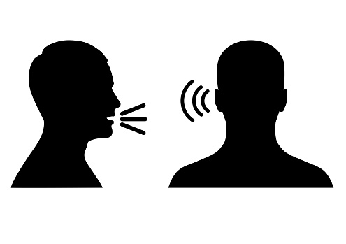 vector illustration of a listen and speak icon, voice or sound symbol, man head profile and back