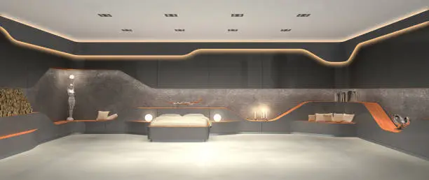 3D rendering of vanguard luxurious futuristic modern interior design of bedroom