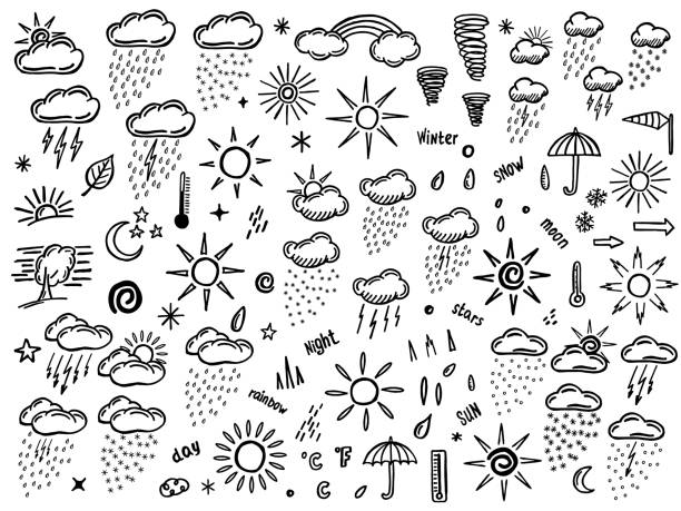 illustrazioni stock, clip art, cartoni animati e icone di tendenza di doodle set con elemento meteo - clima illustrazioni