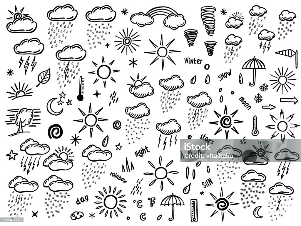 doodle set with weather element collection of hand drawn doodle weather icons Drawing - Activity stock vector