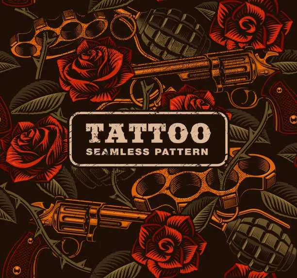 Vector illustration of Weapon with roses, tattoo seamless pattern.