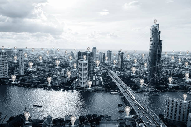 Blue tone smart city with GPS icon and network connections, communication network technology concept