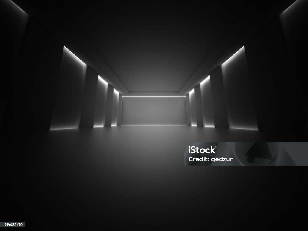 Dark Empty Room Columns Design Background. Dark Empty Room Columns Design Background. 3d Render Illustration. Black Color Stock Photo