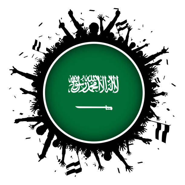 saudi arabien knopf fahne mit fußballfans 2018 - soccer soccer player people ecstatic stock-grafiken, -clipart, -cartoons und -symbole