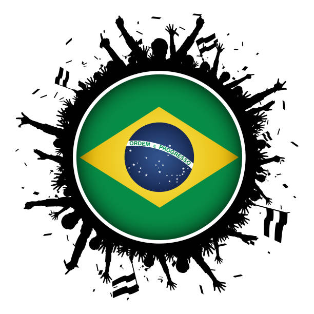 brasilien-button flagge mit fußballfans 2018 - soccer soccer player people ecstatic stock-grafiken, -clipart, -cartoons und -symbole