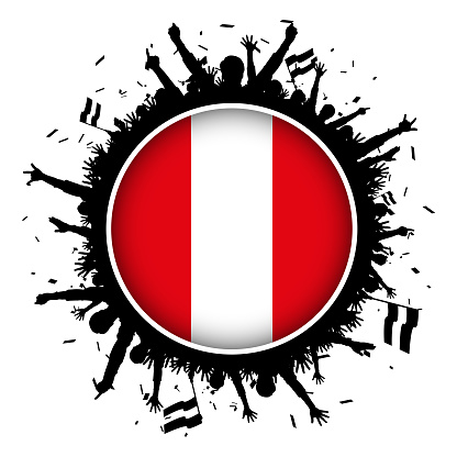 Button with Peruvian flag and soccer fans silhouette 2018 world championship