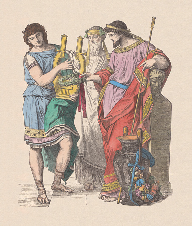 Ancient greek fashion: olympic champion, Bacchus priest and king, pre-Christian time. Hand colored wood engraving, published c. 1880.