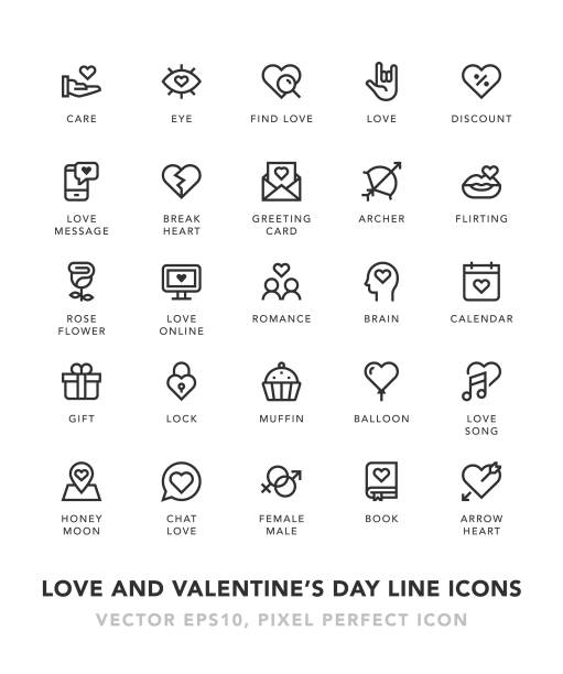 ilustraciones, imágenes clip art, dibujos animados e iconos de stock de iconos de línea de san valentín y amor - rose single flower red flower