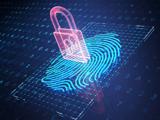 tecnologia di online banking e autenticazione delle impronte digitali. - biometrics fingerprint identity flat bed scanner foto e immagini stock