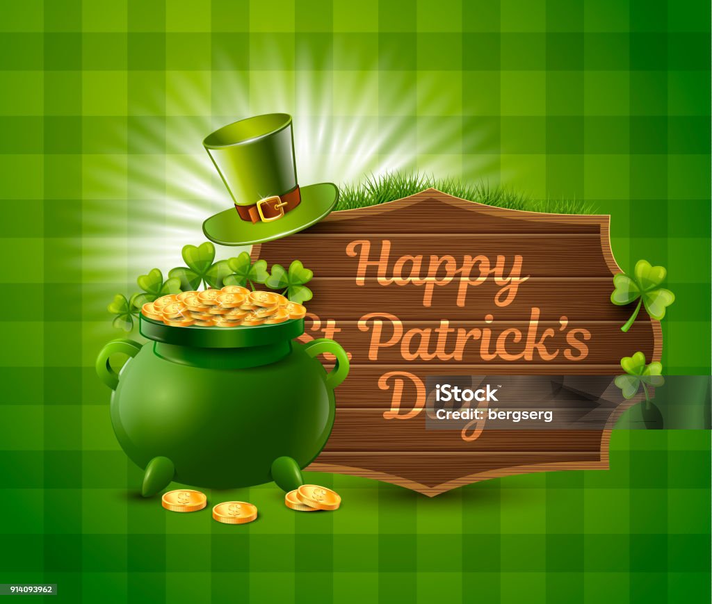 St. Patrick Day Green Poster. Vector Illustration Vector Illustration of St. Patrick Day with Green Leprechaun Hat, Pot of Gold and Clover on the traditional Ireland Pattern Antiquities stock vector